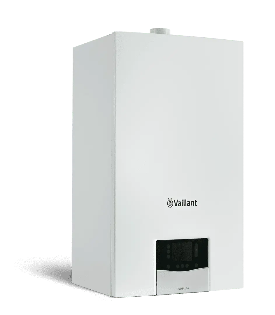 White Vaillant boiler with a digital display and logo on the front.