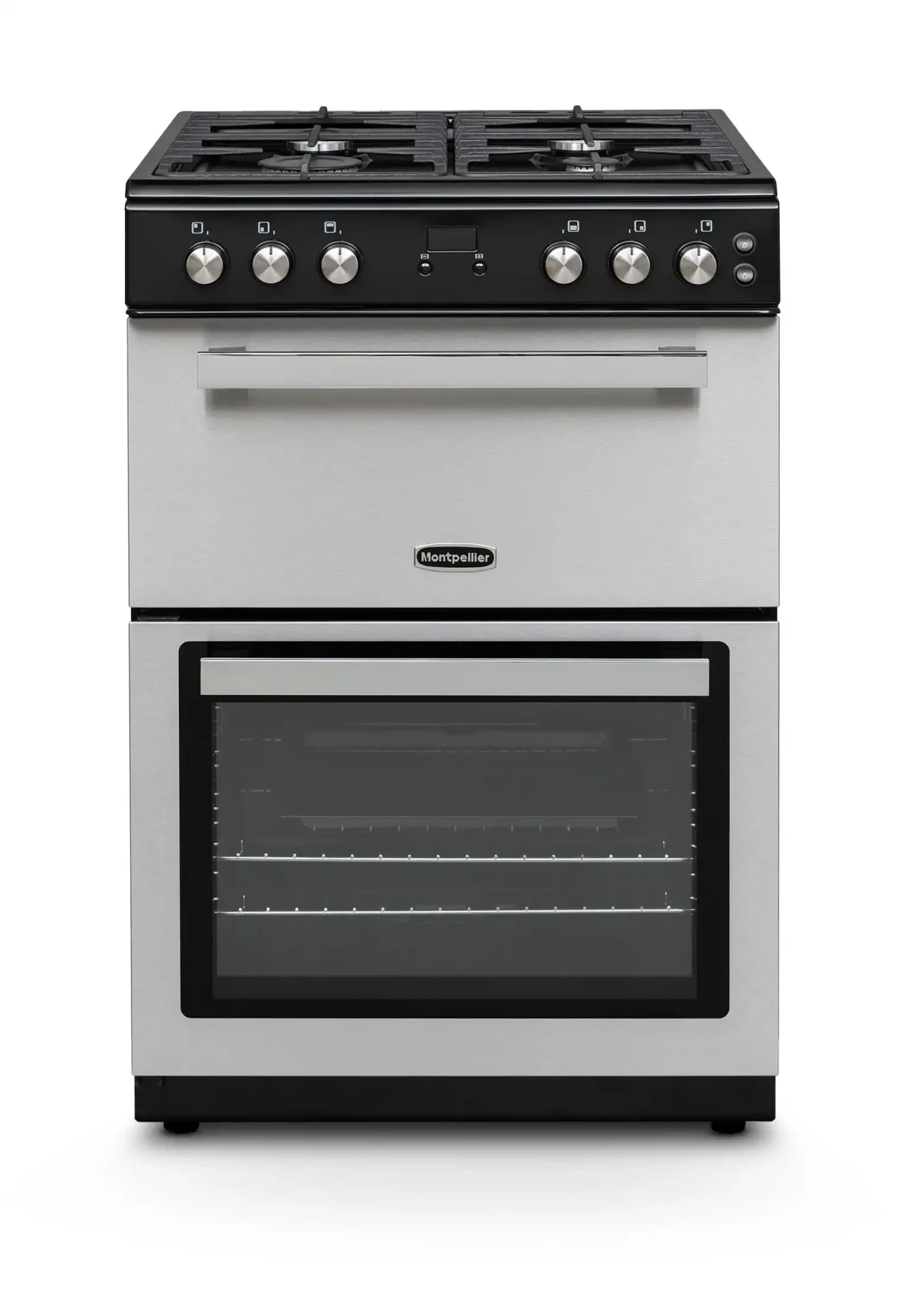 Stainless steel gas cooker featuring four burners and an oven compartment below.