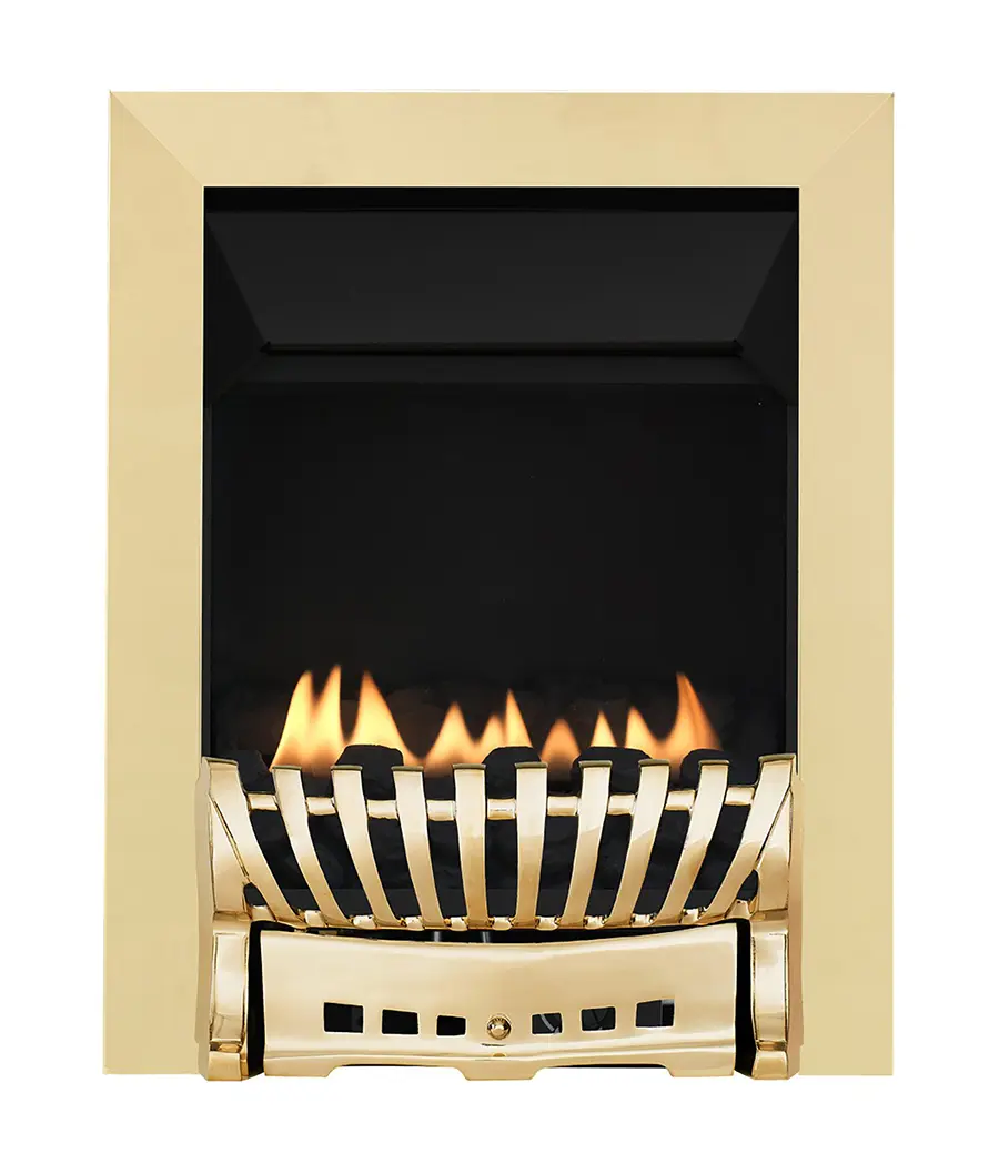 Gas fire unit featuring a gold trim and visible flames inside a black enclosure.