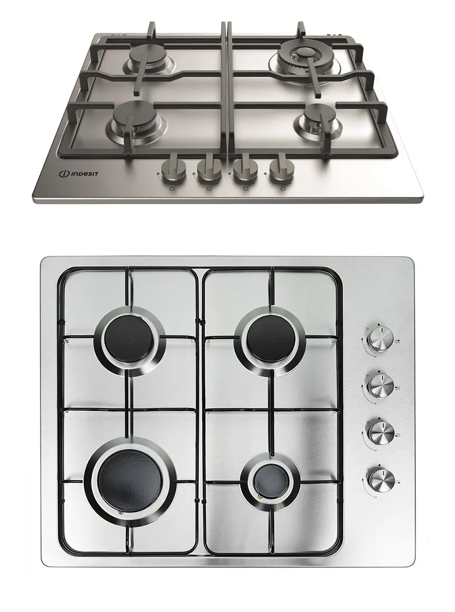 Indesit gas hob featuring four burners and control knobs in a stainless steel finish.