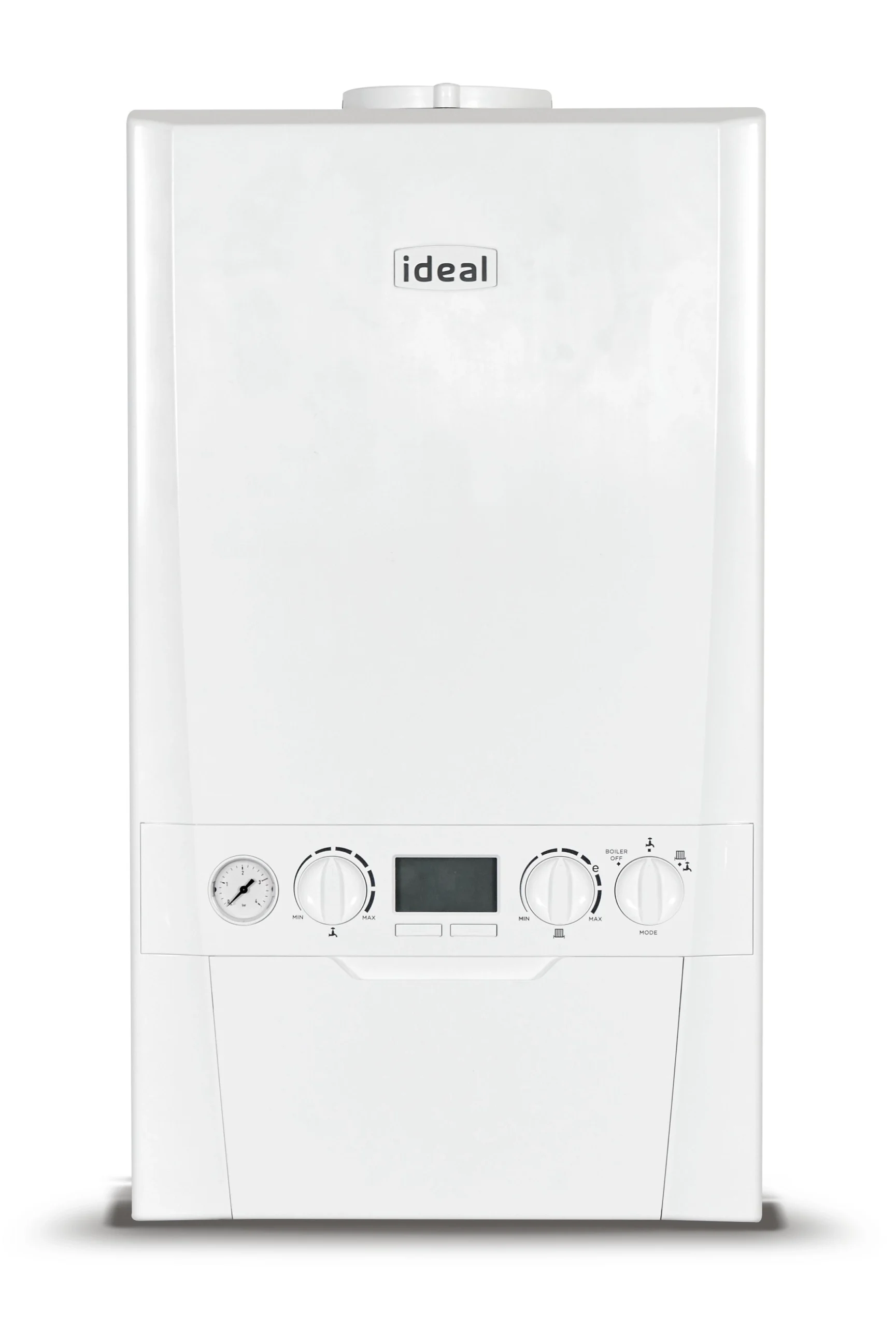 White Ideal boiler with a digital display and control knobs on the front panel.