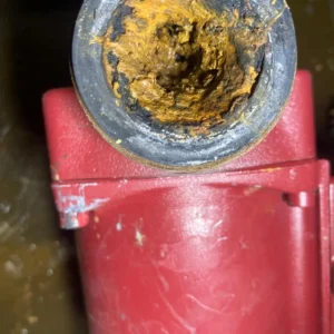 Close-up view of a corroded plumbing component with rust and buildup inside.
