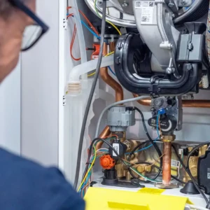 Technician inspecting the internal components of a Baxi boiler during a service.