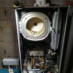 Internal view of a Vaillant boiler showing its main components and wiring.