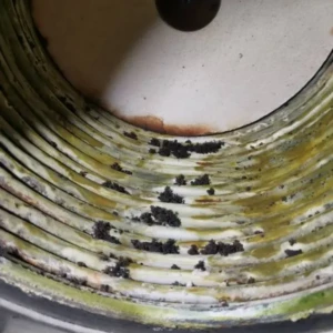 Interior view of a Vaillant boiler showing residue and buildup on the heating elements.