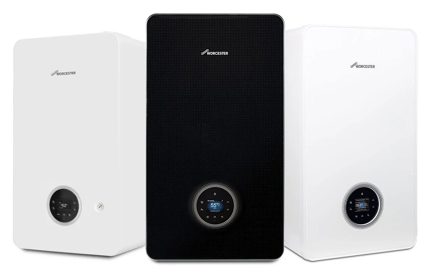 Three Worcester Bosch boiler models in different colors: black and two shades of white.