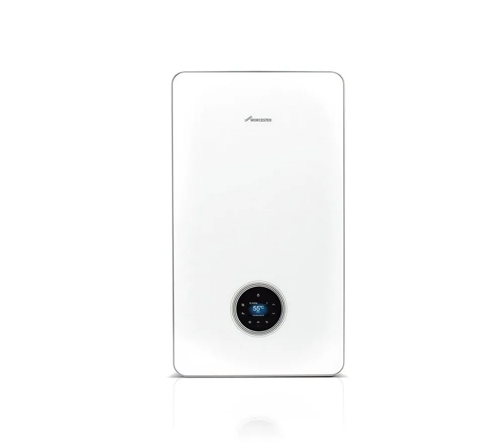White Worcester combi boiler with a digital display on the front panel.