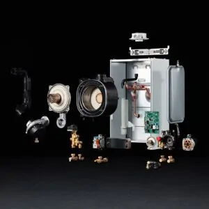 Disassembled parts of a Baxi boiler arranged in a flat layout against a dark background.