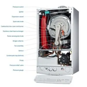 Internal components of a Baxi boiler, including pressure switch, igniter, and pressure gauge.